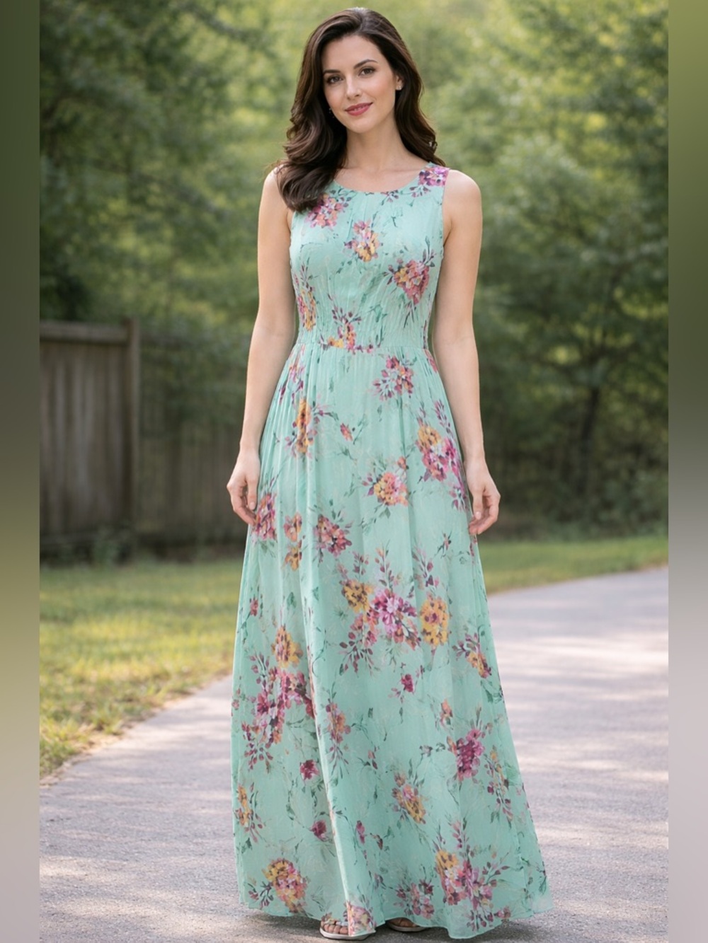 Mint Green Floral Sleeveless Maxi Dress